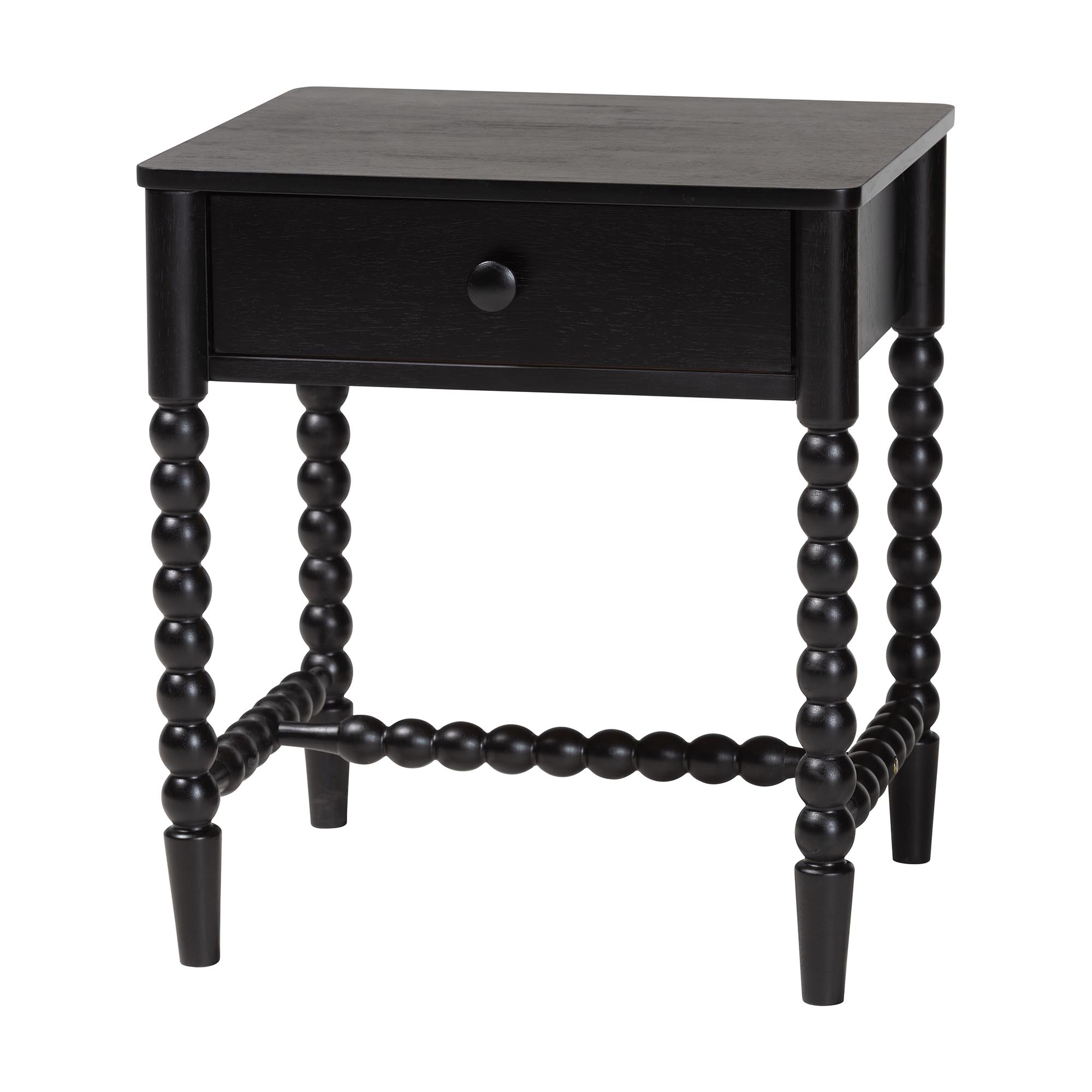 Baxton Studio Brantley Spindle Nightstand - 1-Drawer Bedside Table with Beaded Frame and Open Base for Bedroom, Black